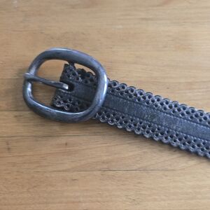 Dark Brown Scalloped Edge Leather Belt with Oval Buckle